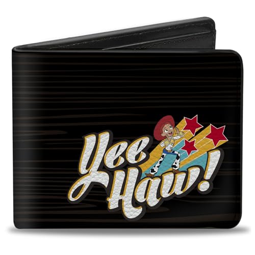 Buckle-Down Men's Disney Wallet, Bifold, Toy Story Jessie Yee Haw Pose Stars Wood Grain Browns, Vegan Leather, 4.0