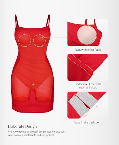 Image of Popilush Dress with Built in Shapewear Spaghetti Strap Mini Dresses Mesh Ruched Bodycon Summer Splash