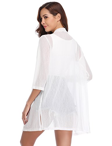 Iclosam Women Casual 3/4 Sleeve Sheer Open Front Kimono Dressy Cardigan Sweater Shrugs (White, Small) #TOP3