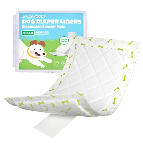 Jollywoods Dog Diaper Liners 150Pcs, Disposable Diapers Inserts for Male & Female Dogs, Booster Pads Fit Reusable Dog Belly Bands, Male Wraps and Period Diapers, Super Absorbent Leakproof Regular