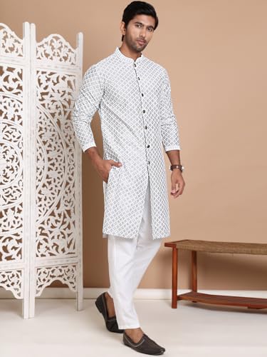Image of Jompers Men's Silk Blend Regular Fit Sequin Chikankari Front Open Kurtas