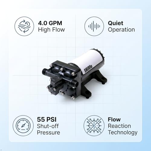 Image of SHURFLO 4048-153-E75 High Flow RV Fresh Water Pump, 12V Demand Diaphragm Pump, 4.0 GPM, 55 PSI, Self Priming, Run Dry Capability, Thermal Protection, Includes Strainer and Hose Fittings