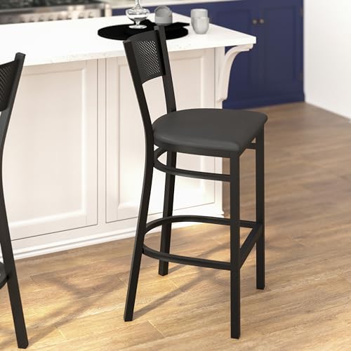 Flash Furniture HERCULES Series Taburete de Bar de Metal con Respaldo de Rejilla Negro - Asiento de Vinilo Negro miniatura 3