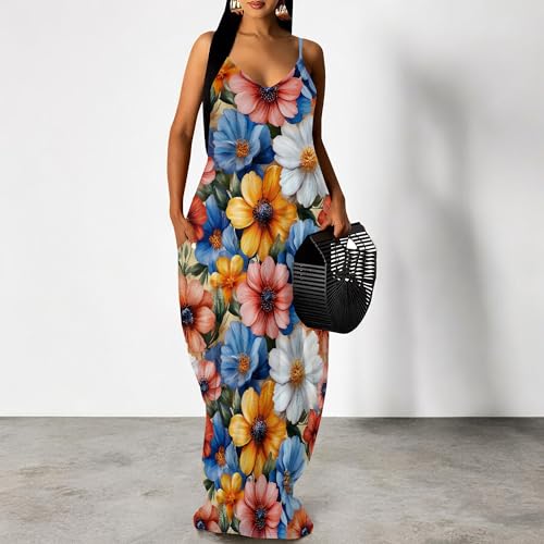 Image of SUZONANA Women's Plus Size Summer Dresses Spaghetti Print Midi Dresses Long Loose Sundresses