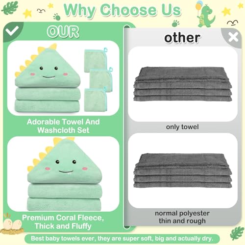 Image of 4 PCS Hooded Baby Towels, Soft Baby Towel, Absorbent Baby Bath Towel, Baby Towels and 3 PCS Baby Washcloths for Newborns, Toddlers, and Kids, 32x32 in Baby Towel with Hood for Boy and Girl (Dinosaur)