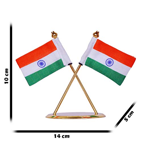 Image of ZAHEPA Flag for Car Dashboard, Khadi Fabric decorative Flag with Gold Plated Metal Cross Base, Office Desk Accessory, Tabletop Decoration for Home, Office & Corporate Use, Gift for Professionals