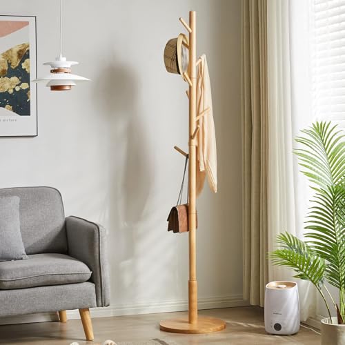 Joiena Wooden Coat Rack Tree with 8 Hooks, 3 Adjustable Sizes Free Standing, Solid Wood, Super Easy Assembly Hallway, Entryway Coat Hanger Stand for Clothes Suits (Wood Round)