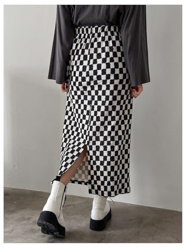 Floerns Women's Elastic Waist Plaid Skirt Checker Slit Hem Straight Long Skirt2