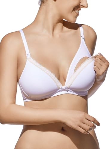 Selene, Sujetador de Lactancia para Mujer en Algodón, con Copas Acolchadas de Encaje, Sin Aros, Colección Jasmina, Color Blanco, Talla 95C