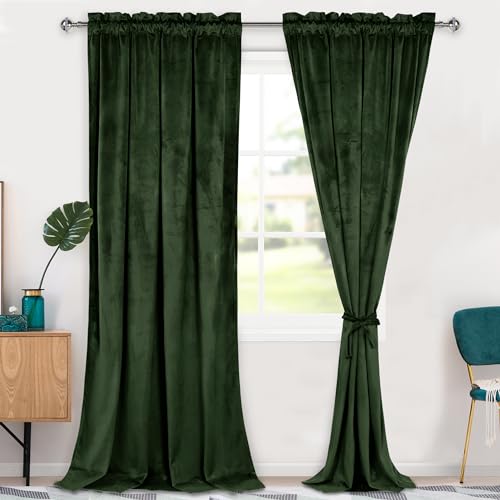 Hiasan Olive Green Velvet Blackout Curtains 96 inches 52W x 96L 2 Panels