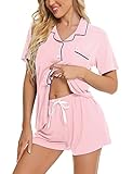 Picture of SWOMOG Womens Button Down Pajamas Set Short Sleeve Sleepwear Bride Soft Pj Lounge Sets XS-3XL Pink XX-Large