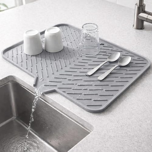 Image of CRIYALE Large Silicone Dish Drying Mat for Kitchen - Non-Slip Built-in Drain Lip | Hygienic Drying Pad Sturdy Compact Easy to Clean Tray Protects Surfaces Prevents Water Build Up 23 x 17 Inches (Grey)