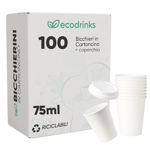 ecodrinks - 100 Bicchieri di Carta con Coperchio di Plastica da 75ml - Per Caffè Lungo, Espresso, Ginseng, Acqua o Cocktail - Adatti all'Uso Domestico, Bar, Uffici e Eventi