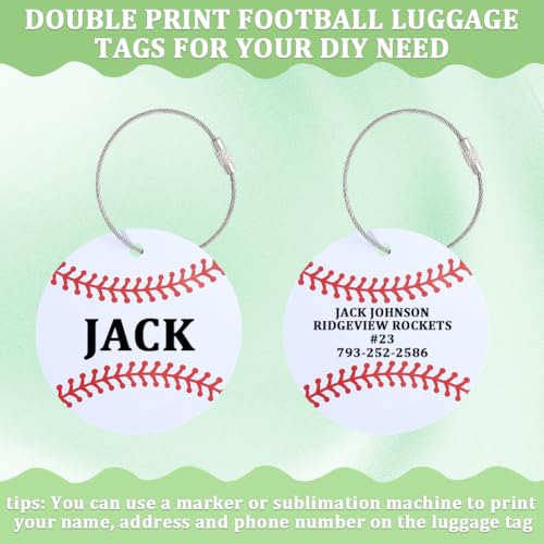 SOFPLATE 12 Stück Baseball Gepäckanhänger Rund Mit Metallring Aus Weißem PVC Softball Design Namensschild Zum Selbstgestalten Gepäckanhänger Für Koffer Reisetaschen Rucksäcke Und Handtaschen.