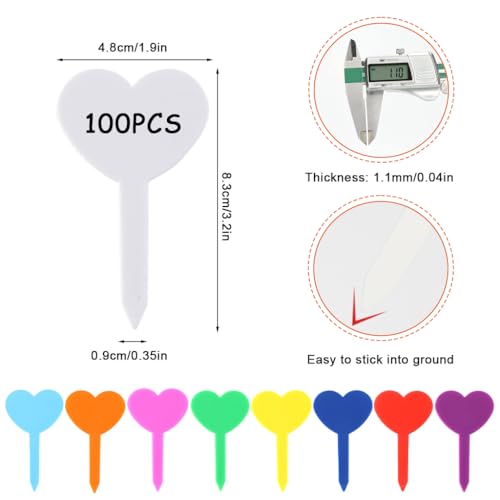 Image of HASTHIP 100-Count Colorful Heart-Shaped Plant Tags, 1.8'' Weatherproof PP Plant Label Name Tags for Garden, Herb, and Flower Pot Use