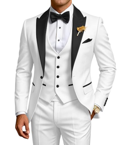 White and Black Suit for Men 3 Piece Mens Tuxedos 1 Button Slim Fit Suit, S