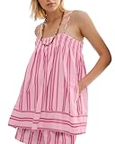 SOOKABEILA Women 2 Piece Lounge Set Sleeveless Striped Cami Peplum Top Boxer Shorts Loose Ruffle Matching Pj Sets Outfits (Pink, L)