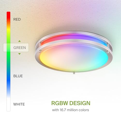 ASD LED 16" Round Flush Mount Lighting, Close to Ceiling Light Fixture | Smart, Multicolor, Dimmable, ETL Listed | 24W 1575LM RGB-2700-6500K 120V | Low Profile Double Ring Lamp | Nickel by ASD - Used condition - Image 4