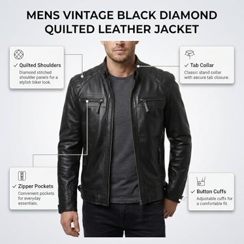 Image of Mens Vintage Retro Biker Cafe Racer Jackets - Diamond Quilted Style Genuine Leather Motorcycle Jacket