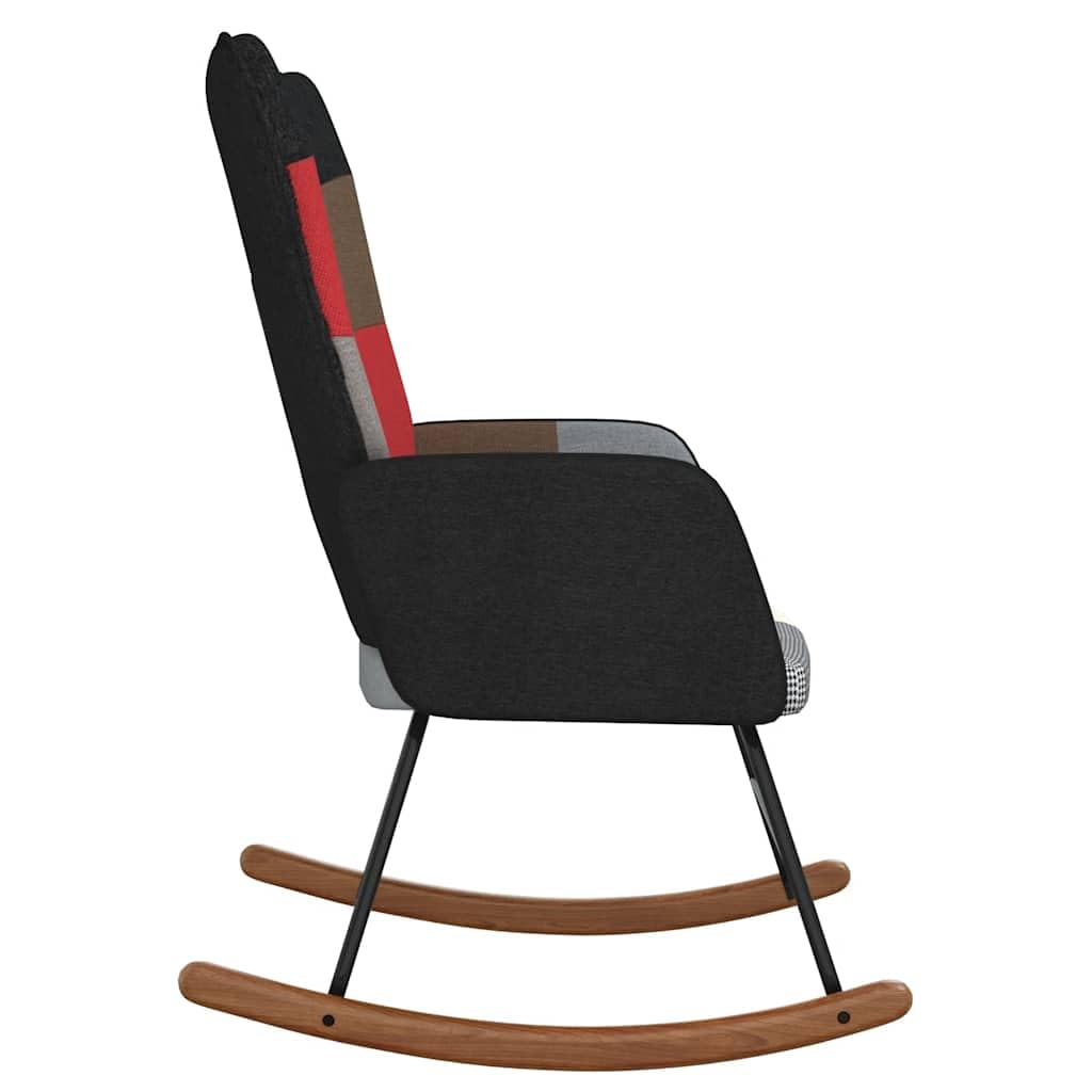 Fotel bujany z taboretem i patchworkowym materiałem, ergonomiczny, z podłokietnikami i oparciem, drewniane płozy huśtawki do salonu, sypialni, pokoju dziecięcego, czytania, relaksu, relaksu