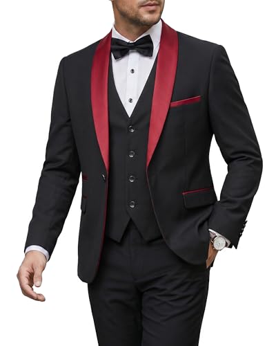 Image of MY'S Mens 3-Piece Suit Shawl Lapel One Button Tuxedo Winter Fabric Slim Fit Premium Dinner Jacket Vest Pants & Tie Set