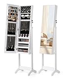 Nicetree Jewelry Cabinet Armoire, Freestanding Jewelry Armoire Organizer with Full-Length Mirror, Lockable Jewelry Storage Cabinet, Frameless Mirror, 3 Adjustable Angles, Moon White