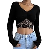 Haut court à manches longues bleu pour femme - T-shirt à manches 3/4 - Haut blanc à manches longues - Haut chic - Haut long avec dentelle sur l'ourlet - T-shirt bohème blanc 446 ans - T-shirt blanc - T-shirt court bon marché - Pour femme - Pour l'été - Adolescente - Haut épaules dénudées - Rose - T-shirt de sport - Haut de sport pour fille - Gilet à franges - Style bohème - Haut - T-shirt pour maman Haut court rouge Débardeur rose avec épaules dénudées et volants noir