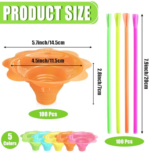 Haayeicai Colorful Flower Plastic Shaved Ice Cups, 200 Pcs 8 oz Snow Cone Cups with Spoon Straws, Reusable Ice Cream Snack Small Bowls for Summer, Birthday, Holiday, Party (5 Colors) by Haayeicai - Used condition - Image 2