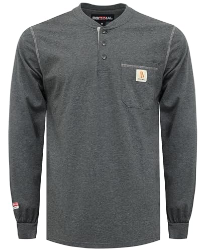 BOCOMAL FR Shirts for Men 5.5oz Lightweight Long Sleeve Work Henley Dark Heather Gray Fire Resistant Shirt CAT2
