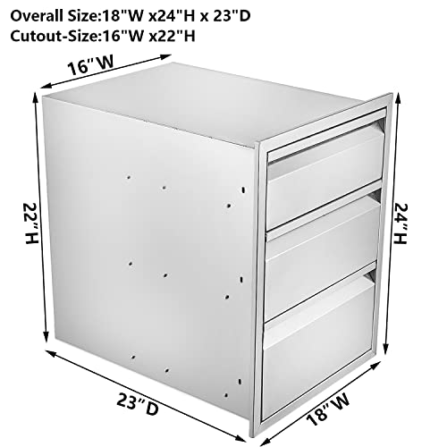 Image of 18 inch W Outdoor Kitchen Drawer Stainless Steel BBQ Triple Drawer Flush Mount for Outdoor Kitchen Island(Overall Size:18 inch W x 24 inch H x 23 inch D inch)