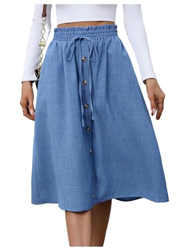 Verdusa Women's Button Paperbag Drawstring Waist Skirts A Line Flowy Denim Midi Skirt with Pocket