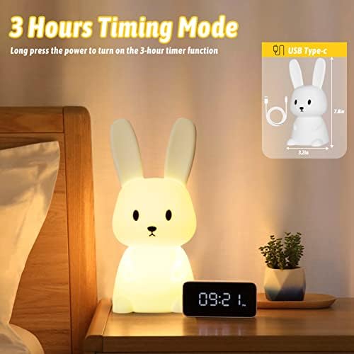 Bunny Night Light for Kids Room, 7 Color Changing LED Portable Touch Lamp for Bedroom, USB Chargeable Silicone Animal Nightlight for Baby Children Nursery Toddler Girl Kawaii Birthday Gift