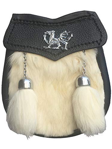 AAR Scottish Boys White Sporran Leather Fur Kilt Welsh Dragon 2 Tassels Belt Chain
