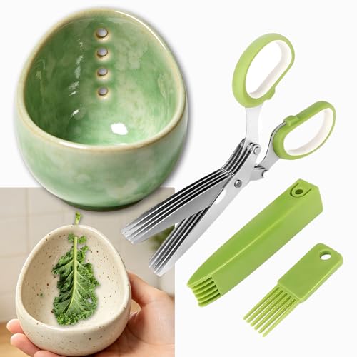 2026 Latest Herb Stripper Pottery Bowl Cutter Tool: Stripping Ceramic Fresh Herbs Kale Striper Cilantro Cutting Razor Gifts Herbalists Peeler Shredder Chopper Clay Copper Small Cup Grater (Green A)