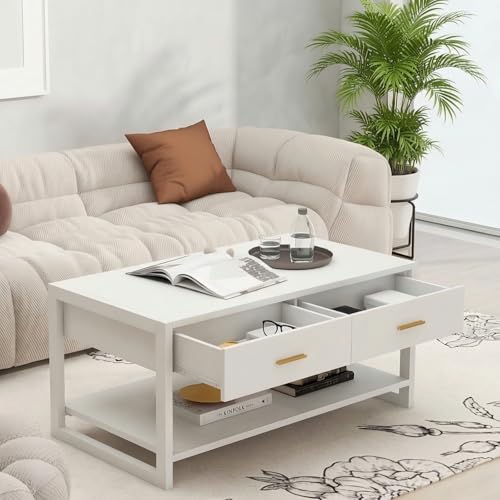 Image of Multi-Functional Coffee Table with Foot-Sensor Light, 2 Large Drawers & Open Shelf, Sturdy Frame Versatile Coffee Table with Vintage Metal Handle for Living Room /Office /Outdoor Patio