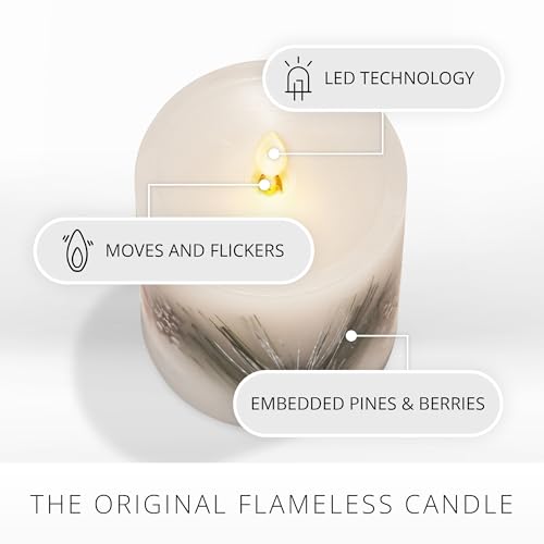 Image of Luminara Embedded Flameless LED Candle - Pine Berries 3.5 inch x 4.5 inch - Moving Flame Pillar, Battery Operated Timer, Real Wax, Unscented, Safe