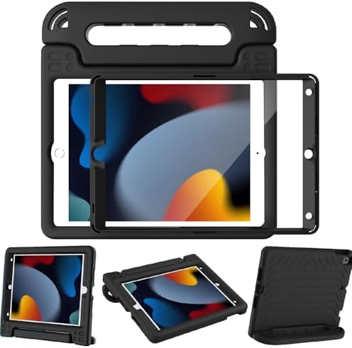 BMOUO Kids Case for iPad 9th 8th 7th Generation (10.2 Inch, 2021/2020/2019) - with Screen Protector, Shockproof Light Weight Handle Stand iPad 10.2 Case for Kids, Black