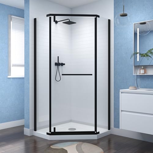 GOBESTRY 36' D x 36' W x 72' H Neo-Angle Frameless Shower Door with Shower Base, Corner Shower Door with Stainless Steel Hardware, 1/4” (6MM) SGCC Tempered Glass, Matte Black Finish