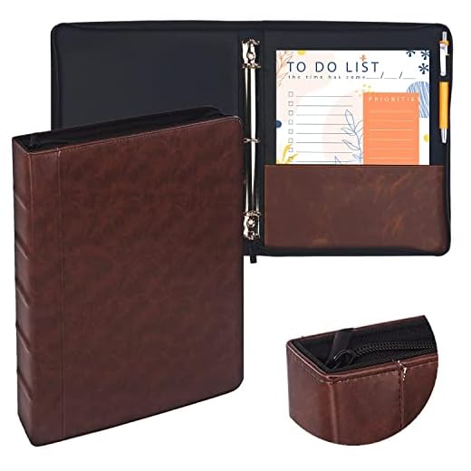 Faulkner Vintage Professional 3 Ring Zipper Binder Organizer, 1.5 Inch Round Rings, 8.5" x 11" Sheet Size, 2 Inner Pockets, 1.6" Spine, Appearance of Antique Brown Leather, Pen Included