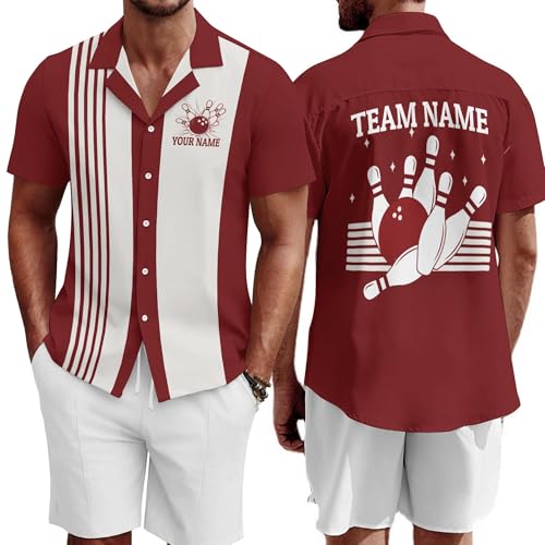 Custom Retro Bowling Shirts for Men, Vintage Short Sleeve Button Down Casual Shirts with Personalized Team Name