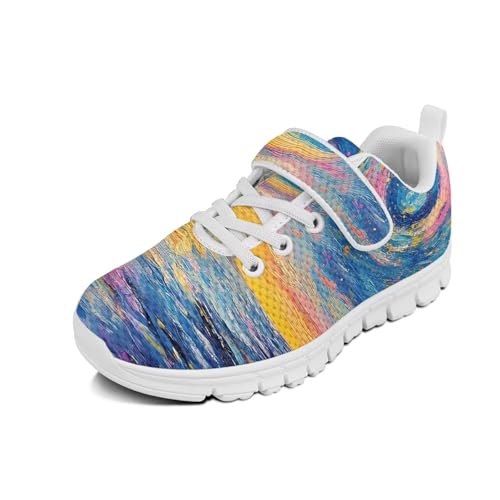 Girls Shoes Non Slip Lightweight Breathable Comfortable Sport Walking Athletic Running Tennis Sneakers (Little Kid) Oil Painting Pattern（White Sole）