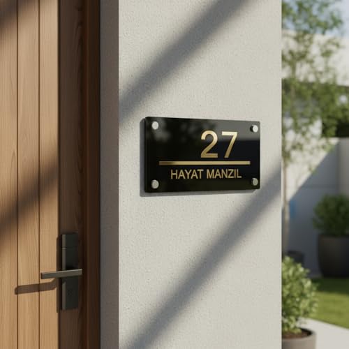 Image of Modern Acrylic House Number Plate (30x15 cm) - Black Door Name Plate with Gold Letters, Premium Home Entrance Name Board