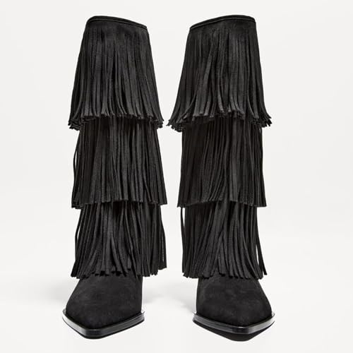 Vertundy Women's Fringe Boots Kitten Heel Pointed Toe Mid Calf Boots Tassels Design Fashion Suede Heeled Shoes3