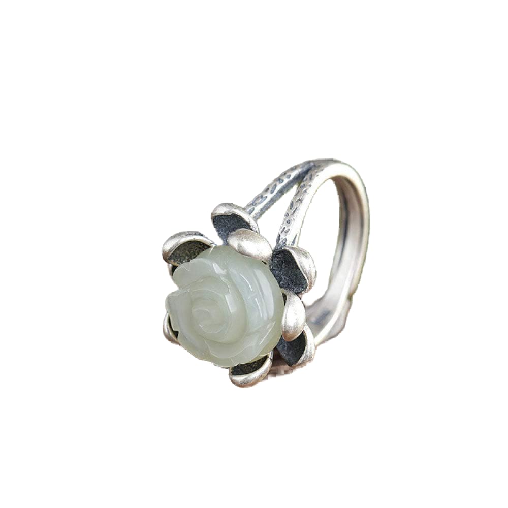 Vintage Estilo Chino S 925 Anillo De Plata De Mujeres Abierto Incrustaciones De Jade Rose Regalo Creativo De Moda De Tendencia De Personalidad Temperamento Elegante