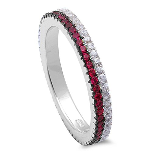 3mm Full Eternity Stackable Thin Red Double Row Band Ring Simulated Ruby Round CZ 925 Sterling Silver, Size-6