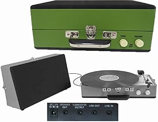Retro 1960s Style COMPACT SUITCASE RECORD PLAYER, 20 watt PMPO, AUX IN, plays iPh, Samsung Galaxy, Sony Xperia, Smart Phones music through speakers. Detachable speakers. Steepletone SRP025-15x, Green