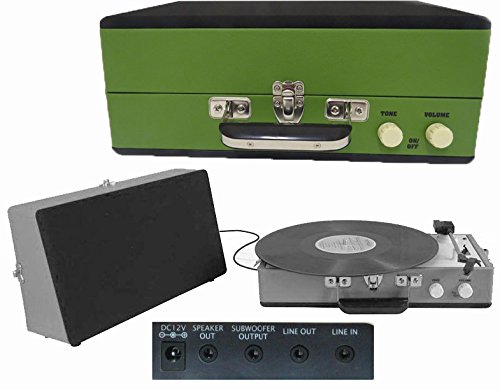 Retro 1960s Style COMPACT SUITCASE RECORD PLAYER, 20 watt PMPO, AUX IN, plays iPh, Samsung Galaxy, Sony Xperia, Smart Phones music through speakers. Detachable speakers. Steepletone SRP025-15x, Green