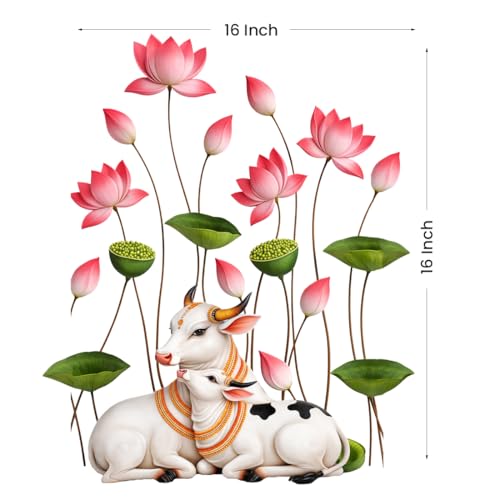 Image of Rangoli Cow Calf Lotus Wall Sticker 16 x 16 Inch Floral Spiritual Design Self Adhesive Wall Decor for Living Room Bedroom Pooja Room Traditional Wall Art