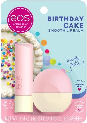 eos Natural Shea Lip Balm- Birthday Cake, All-Day Moisture Lip Care Products, 0.39 oz, 2-Pack