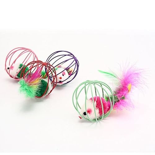 Brinquedo Interativo para Gatos – Bola Gaiola 6,5 cm com Pena e Ratinho – Estimula o Instinto de Caç